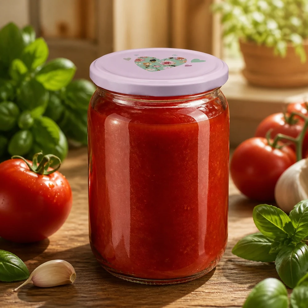555 ml rond glazen pot + BasicSeal-deksel hartje roze UNiTWIST BasicSeal-deksel in de vorm van een hart, roze, op een ronde glazen pot van 555 ml met tomaten, naast verse ingrediënten