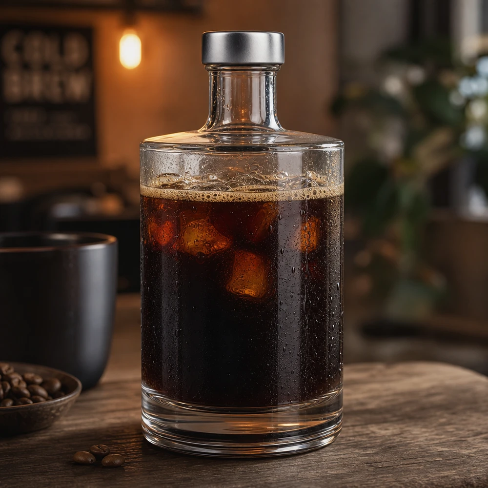 500 ml glazen fles Sam en schroefdop zilver UNiTWIST® 500ml glazen fles Sam gevuld met cold brew koffie op houten tafel naast koffiebonen gezellige café sfeer