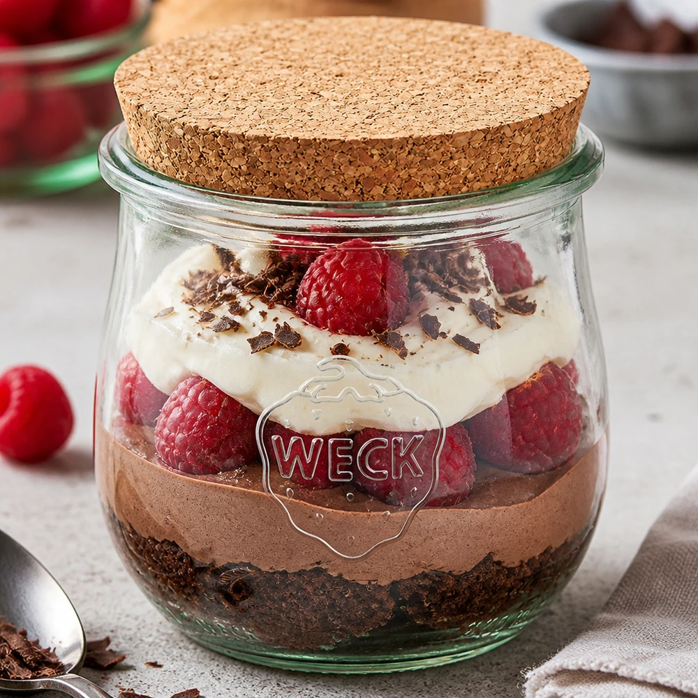 370ml tulpenglas WECK RR80 met kurk WECK pot 370ml RR80 met kurkdeksel als dessertpot voor gelaagd dessert met chocoladeroom en frambozen