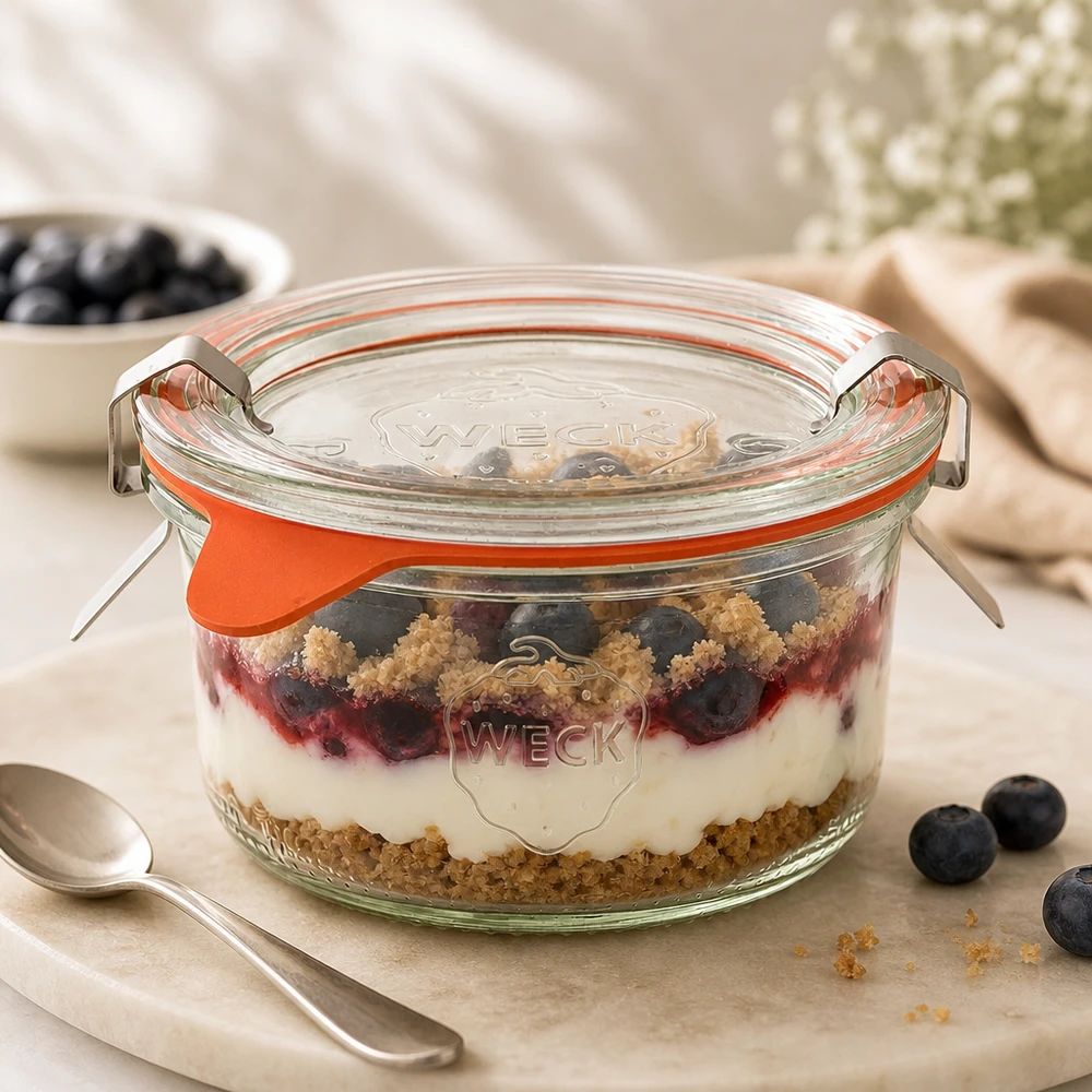 WECK 165ml RR80 tumblers met een gelaagd dessert van bosbessen, yoghurt en crumble op een marmeren bord