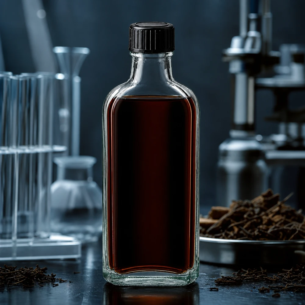 Glazen fles van 100 ml in Meplat-vorm met een zwarte kunststof dop voor extracten en tincturen
