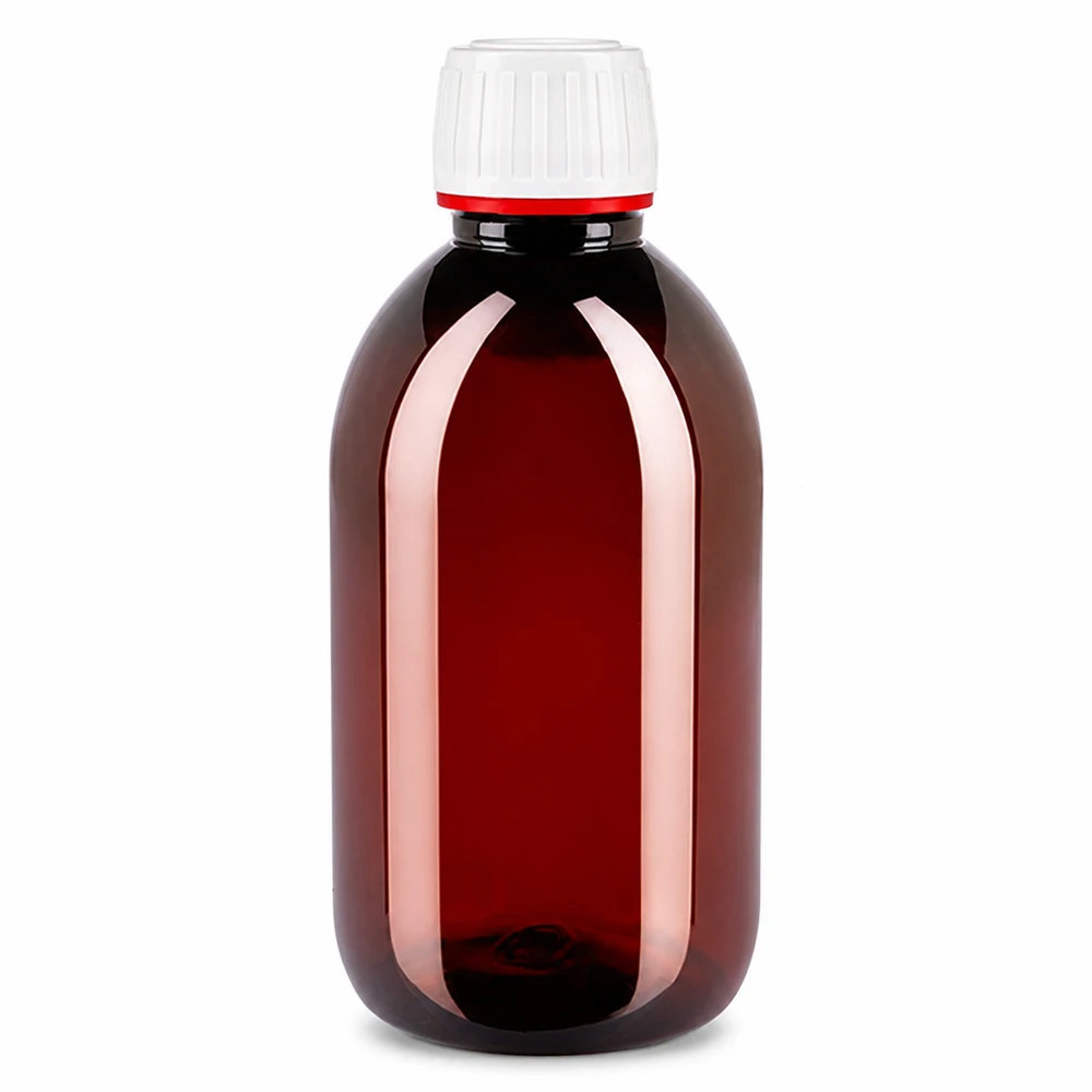 PET-fles 250ml met wit/rode dop OV Ronde, amberkleurige kunststof fles van 250 ml met een wit-rode tamper-evident-sluiting