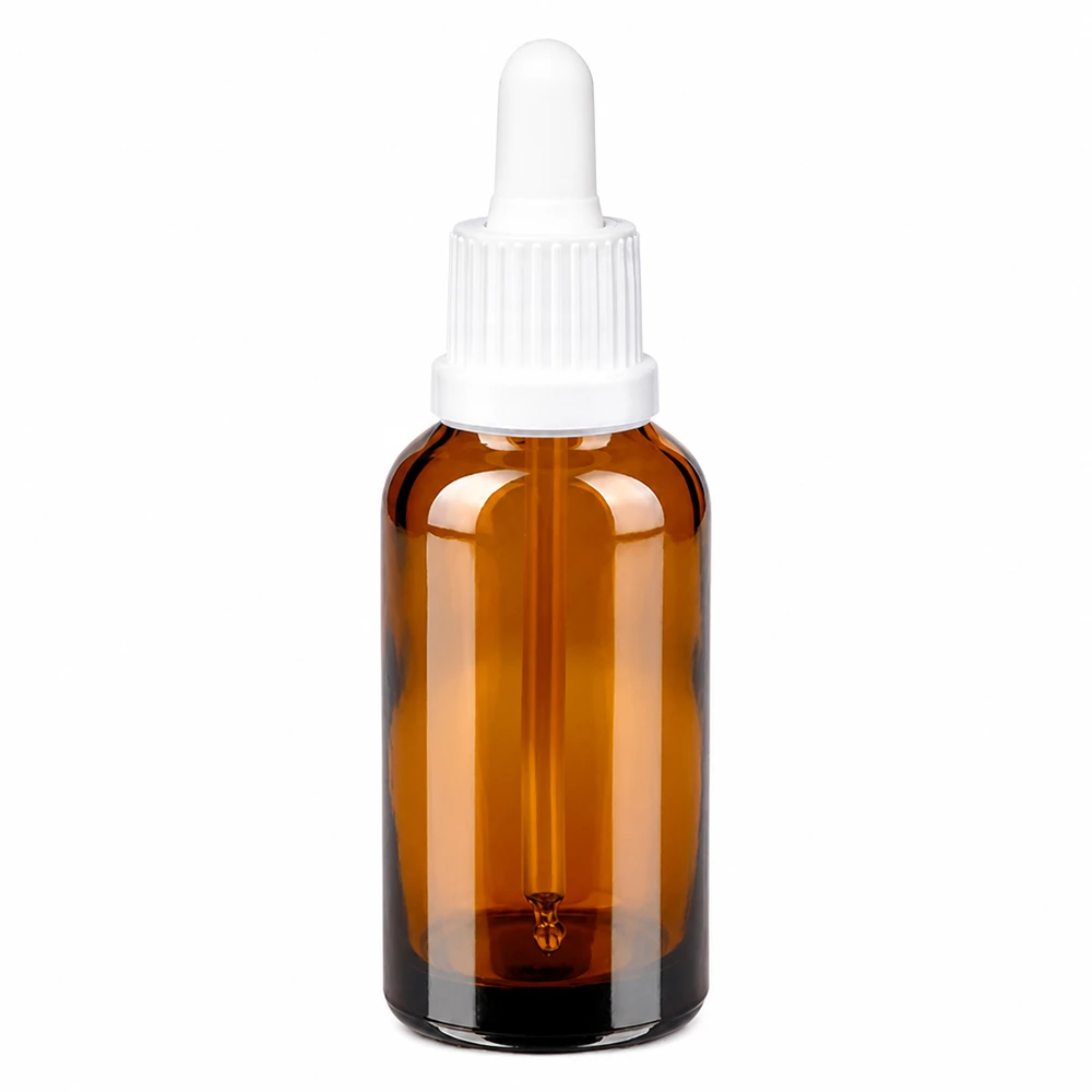 Ronde pipetfles 30ml in amberkleurig glas met witte druppelaar voor cosmetica