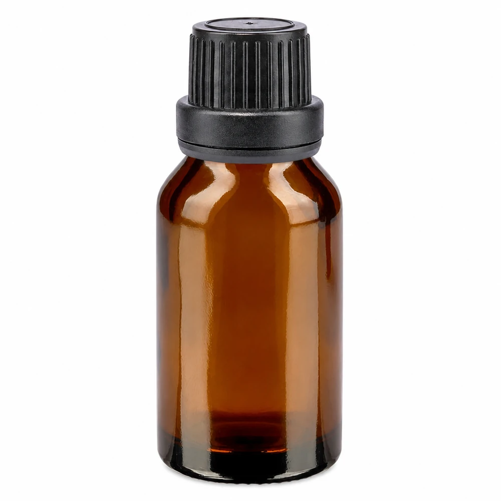 Ronde druppelfles van 30 ml van bruin apothekersglas met een zwarte dop van 11 mm