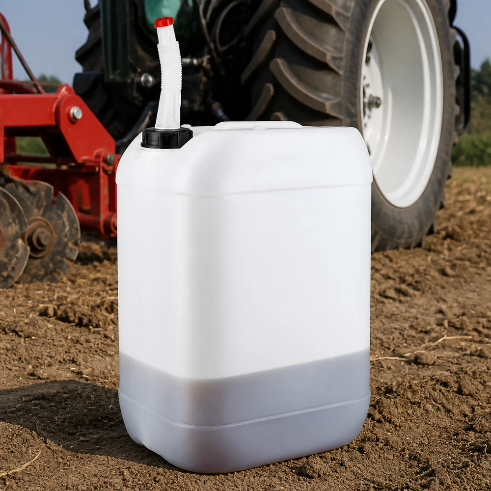 25l Jerrycan, UN-toelating, met aftapkraan flex Rechthoekige veldjerrycan van 25 liter met rode dop op bruine akkergrond