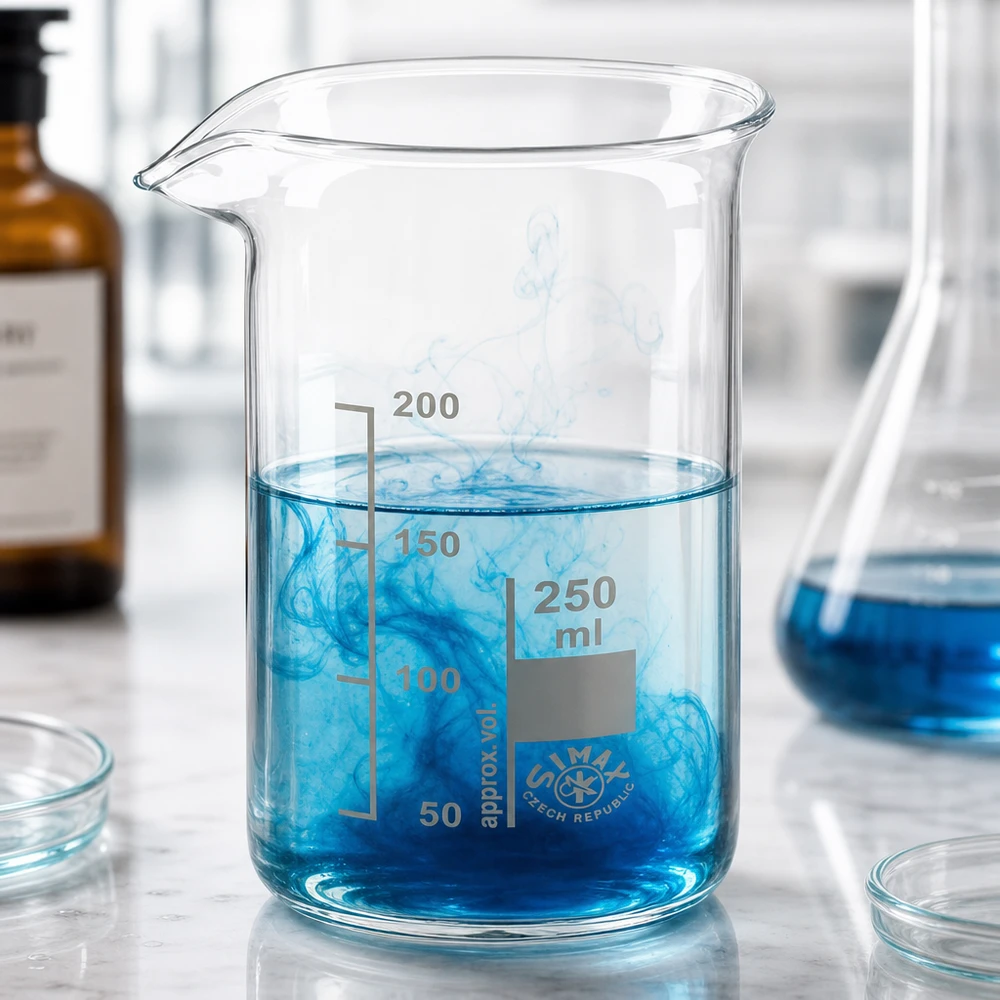 Chemielaboratoriumbeker van 250 ml, hoog model, naast een Erlenmeyer-kolf en een bruine glazen fles