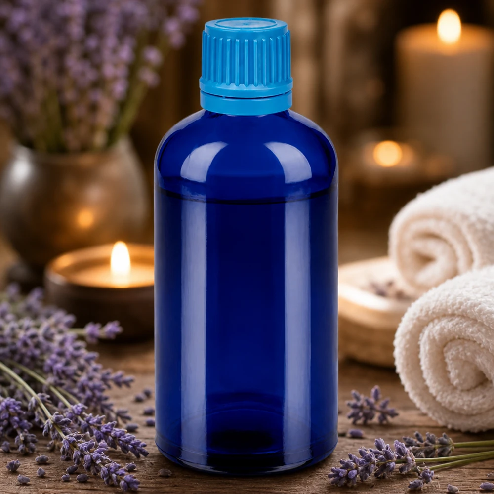 Handige apothekersfles van 100 ml in blauw met lekvrije verzegelde sluiting