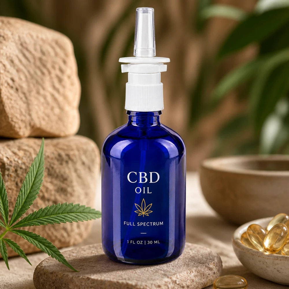 Blauwe glazen flessen 100ml met neusverstuiver Blauwe spuitfles van 100 ml van UV-bestendig glas met een witte doseerkop voor neussprays