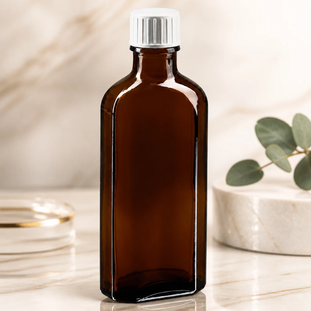 100 ml bruine meplatfles met DIN 22 monding, inclusief schroefsluiting DIN 22 wit met gietring Apothekersflesje van 100 ml, bruin, plat, met schroefdop en ingebouwde schenkrand