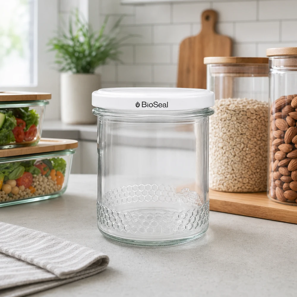 Lege 400 ml honingpot met wit BioSeal deksel in een moderne keuken naast voorraadpotten voor veelzijdig opbergen
