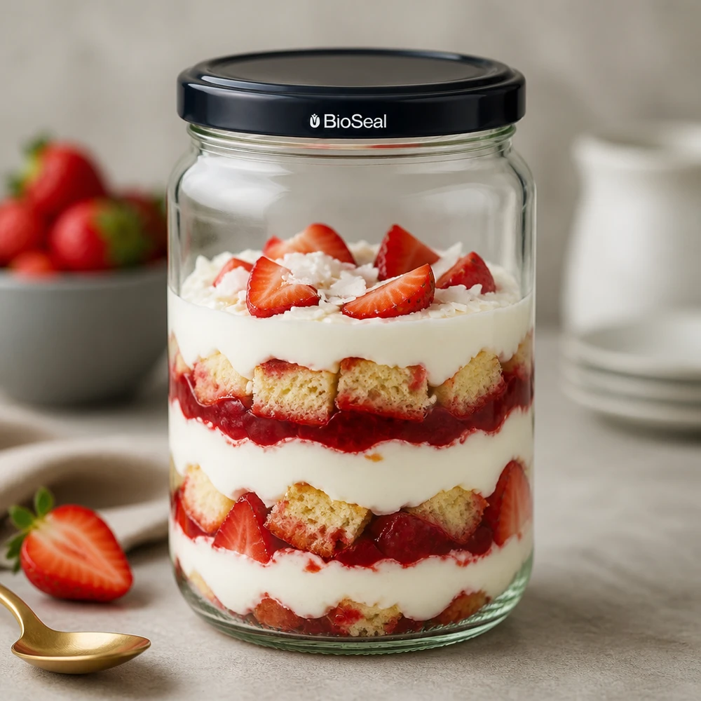 305ml rond glas met BioSeal deksel zwart UNiTWIST UNiTWIST Runda305 pot met gelaagde drizzle en zwart BioSeal deksel gevuld met aardbeien en slagroom als dessert