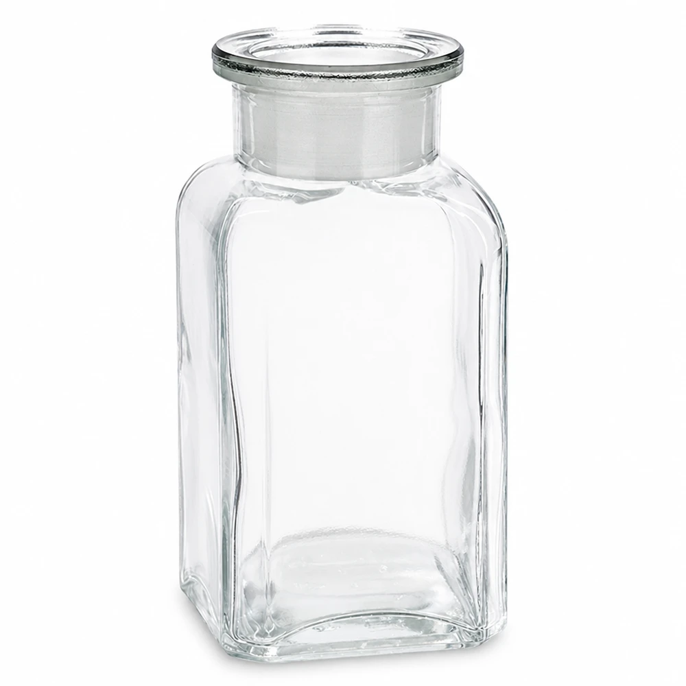 Vierkante fles van helder glas, 100 ml, met brede hals, ideaal voor chemicaliën en reagentia