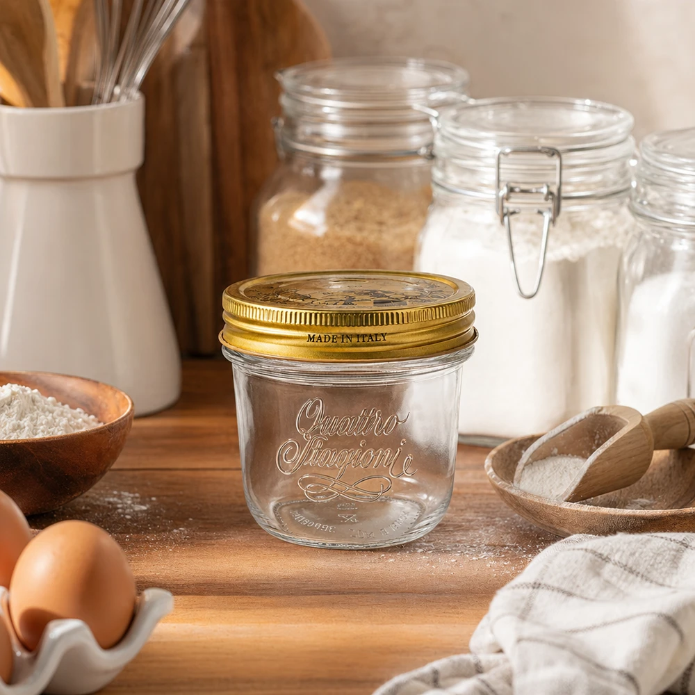 200ml "Quattro Stagioni" bekers met deksel 200ml Quattro Stagioni bekers met gouden deksel op houten plank naast bloem, eieren en keukengerei Gemaakt in Italië