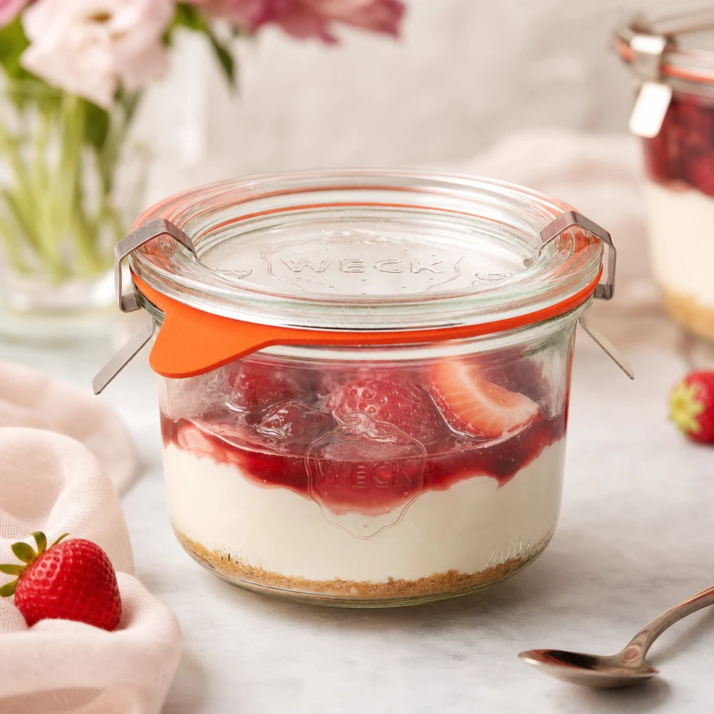 WECK bekers 200ml RR80 gevuld met aardbeientoetje als portiepot voor tiramisu en zoete desserts