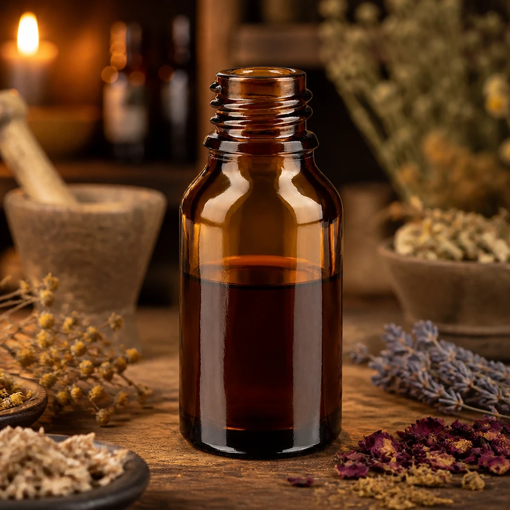 15ml bruin apothekersflesje ApoGlas gevuld met donkere vloeistof omringd door gedroogde medicinale kruiden en vijzel