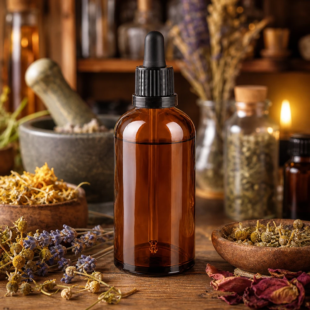 100ml druppelflesje van UV-beschermend glas met zwart deksel voor homeopathische geneesmiddelen