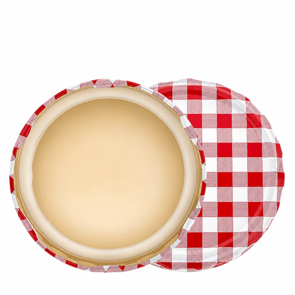 82 mm TO82 blikdeksel UNiTWIST BasicSeal rood-wit geruit, van bovenaf gefotografeerd