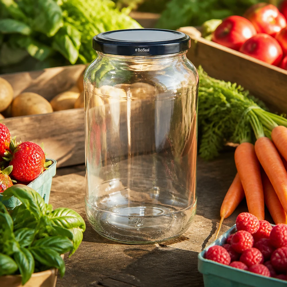 UNiTWIST ronde pot 1062 met zwart TO82 BioSeal deksel omringd door verse groenten fruit voedselopslag