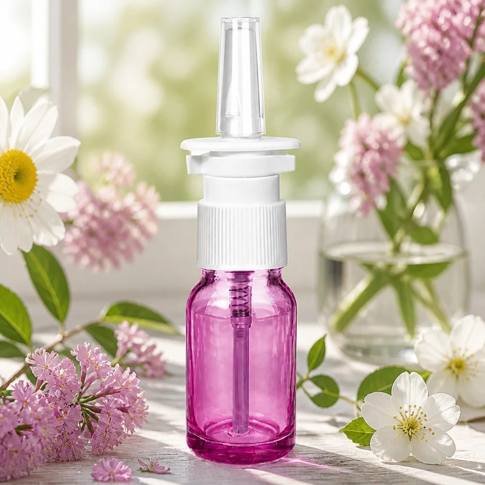10ml neussprayfles wit/transparant standaard PurpleLine. UT18/10 Farmaceutisch glazen flesje van 10 ml met opzetstuk voor neusspray in transparant paarse kleur