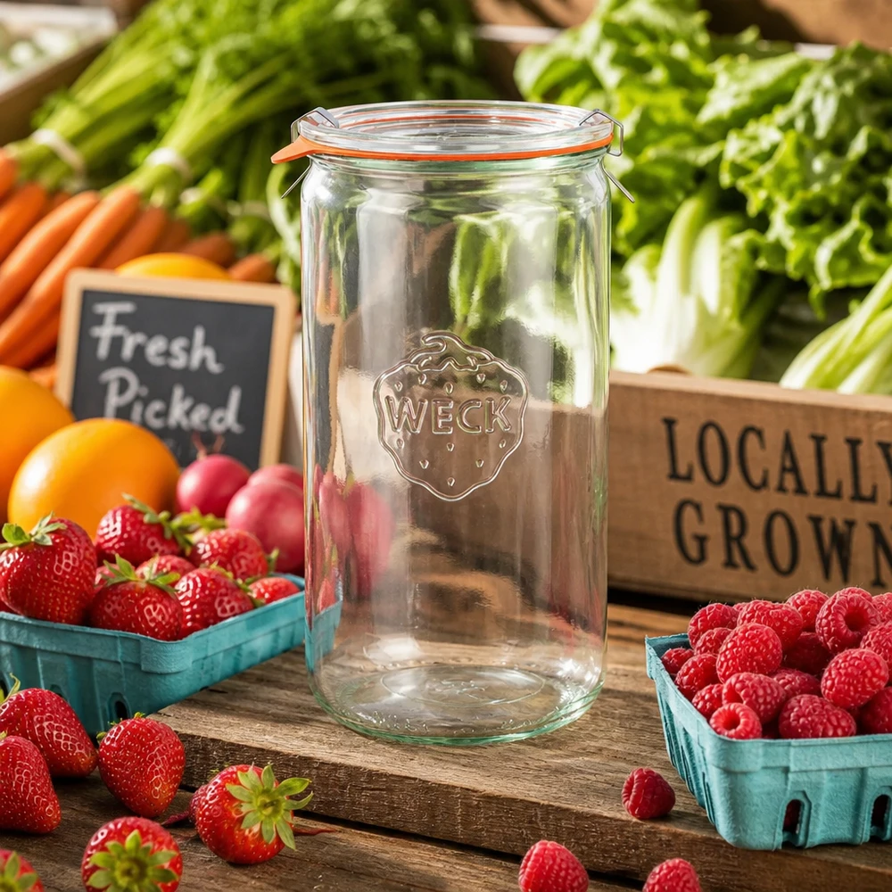 1590ml cilinderglas compleet WECK RR100 WECK cilinderpot 1590ml RR100 leeg op houten tafel met verse bessen groenten marktkraam sfeer lokale producten