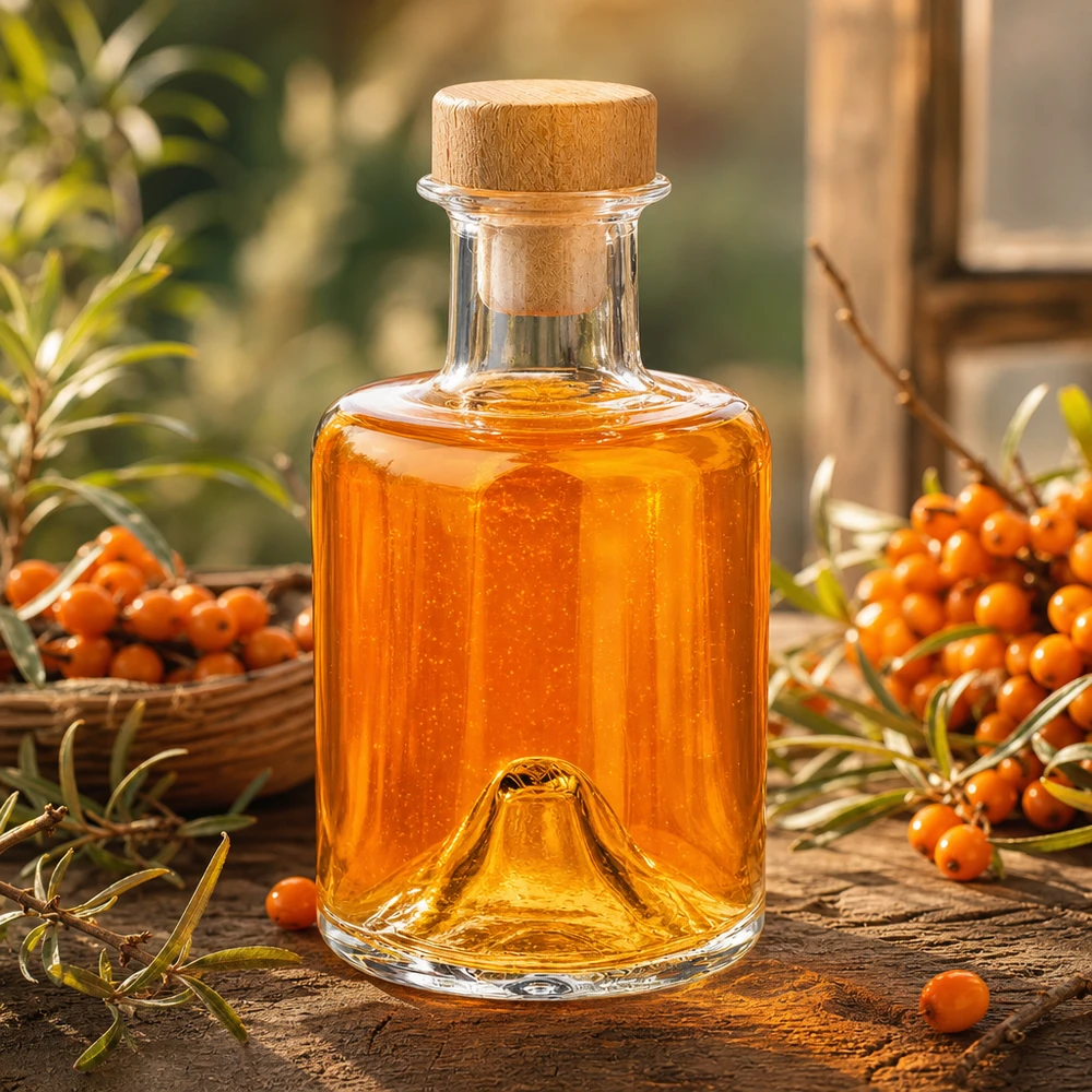 200 ml apothekersfles Sofia met houten handvat en kurk UNiTWIST® 200 ml Sofia-glasfles met houten kurk gevuld met oranjekleurige olie naast duindoornbessen op houten tafel