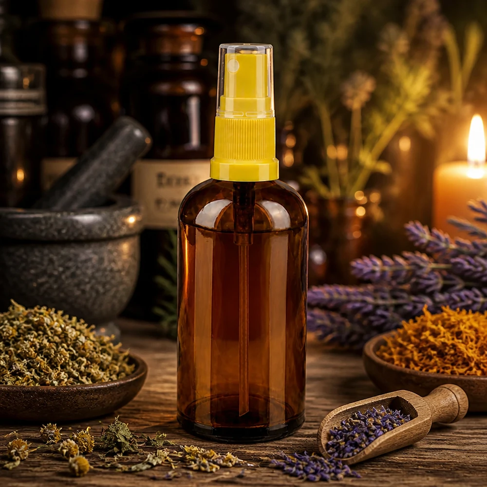 Navulbare sprayflacon van 100 ml in amberkleurig glas, perfect voor zelfgemaakte gezichts- en lichaamssprays