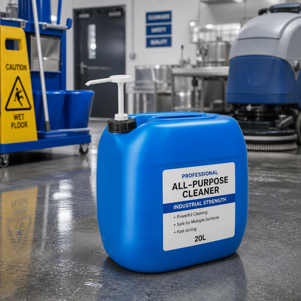 Canister 30 liter blauw met doseerpomp Blauwe jerrycan van 30 liter met doseerpomp op een betonnen vloer in een industriële werkomgeving