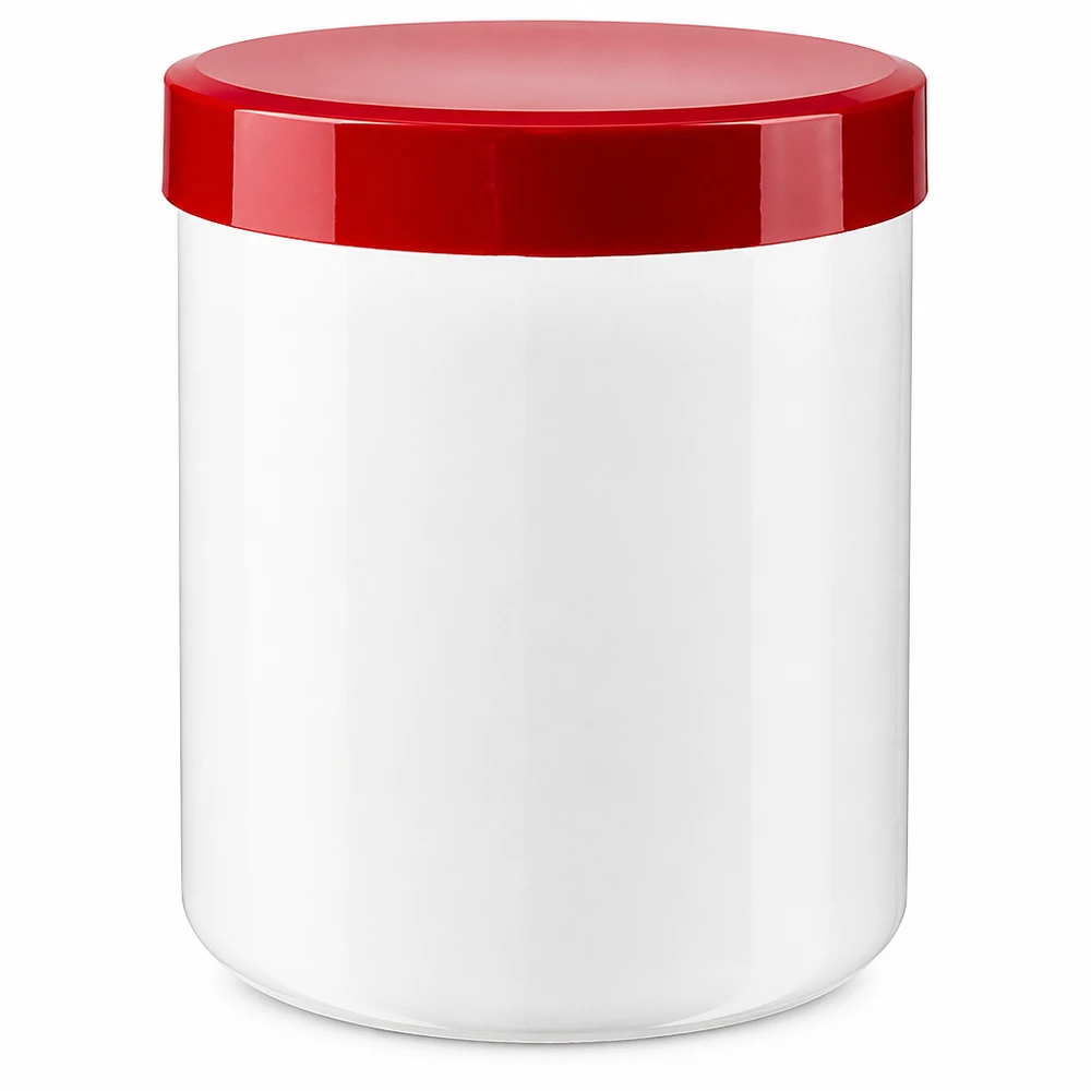 Zalfpot 250 g wit met rood schroefdeksel (PP) Cosmetica-doosje 250 g, wit, met rode schroefdop, voor het afvullen van zalven