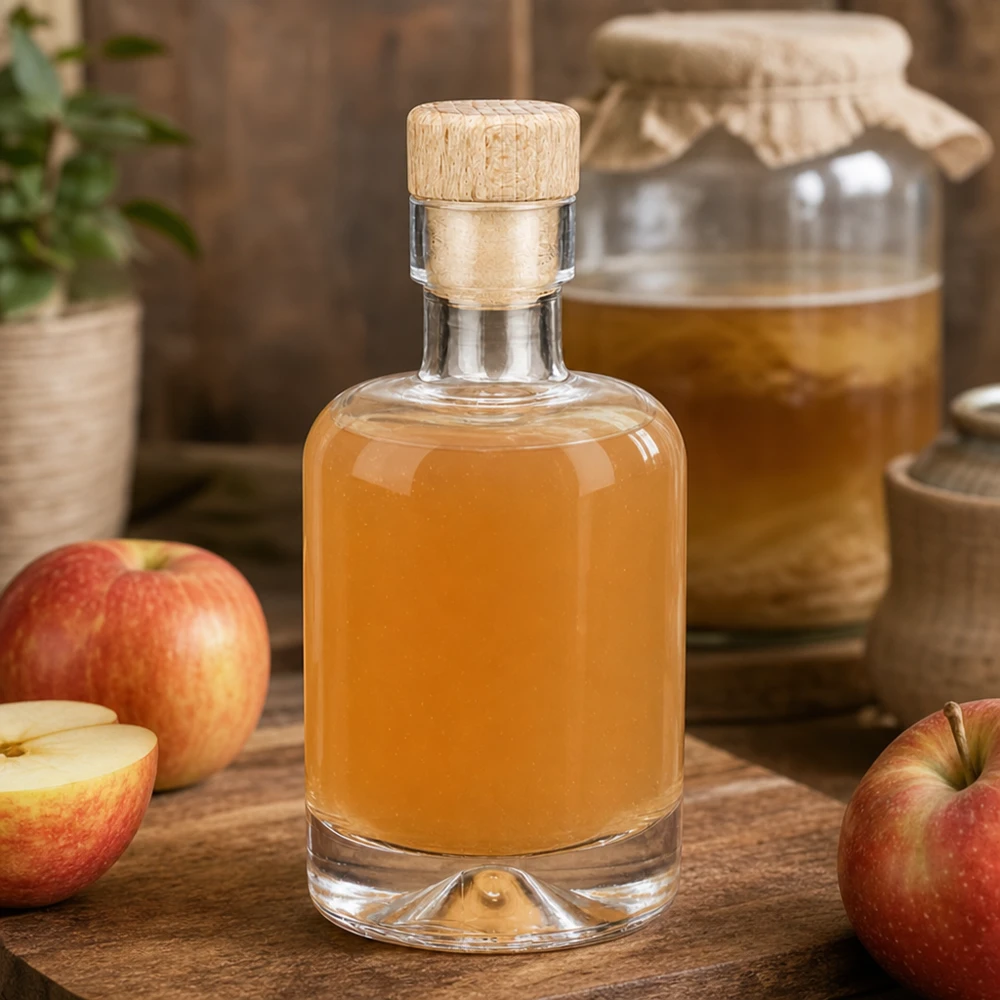50ml glazen fles Amelie gevuld met appelbrandewijn tussen verse appels en honingpot rustiek gedecoreerd op houten tafel