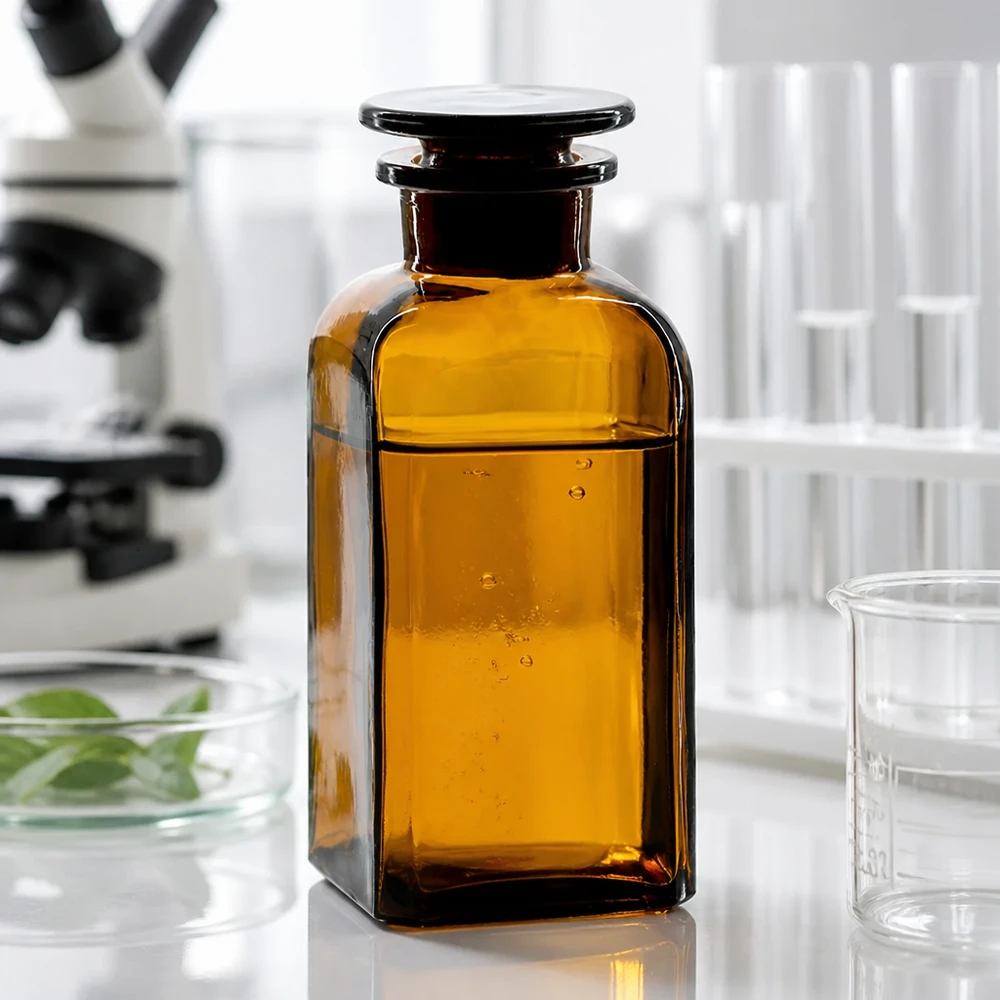 Vierkant-apothekersfles 350 ml wijde hals bruin glas incl. glazen stop Bruine vierkante fles van 350 ml met brede hals voor laboratoriumchemicaliën en farmaceutische oplossingen