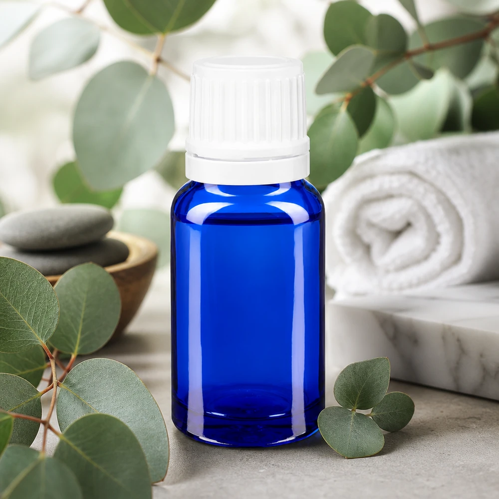 Blauwe medicijnfles van 10 ml van ApoGlas met originaliteitssluiting in spa-sfeer