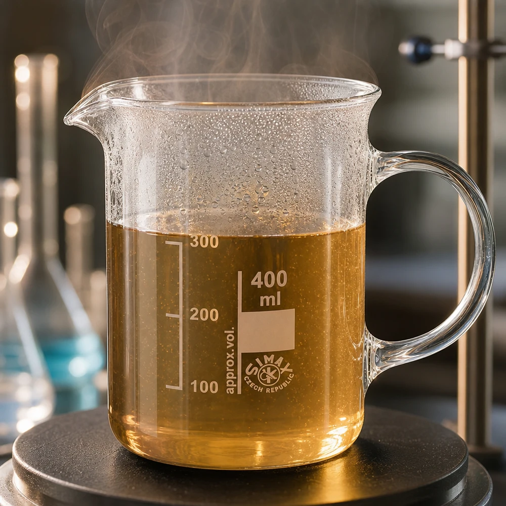 Bekerglas met handvat, 400 ml, borosilicaatglas, voor verwarmingstoepassingen, bruine reactieoplossing