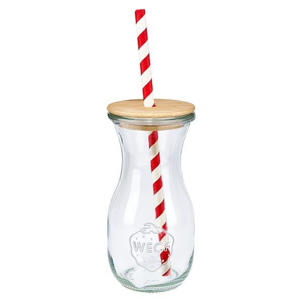 6 x WECK 290 ml sapfles RR60 met houten deksel en 100 ecologische papieren rietjes WECK drinkfles 290ml transparant met houten deksel en rood en wit gestreept papieren rietje enkele weergave