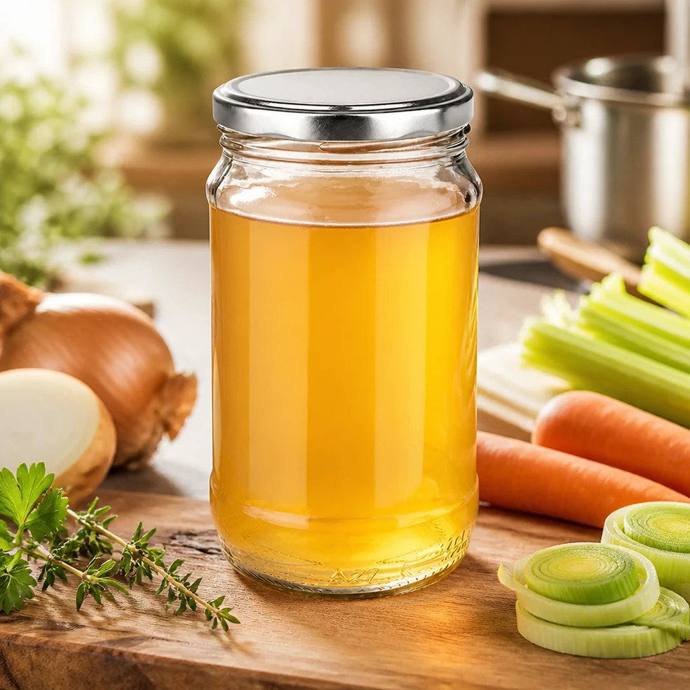Voorraadpot van 370 ml met zilveren schroefdeksel, gevuld met aromatische huisgemaakte bouillon van verse groenten