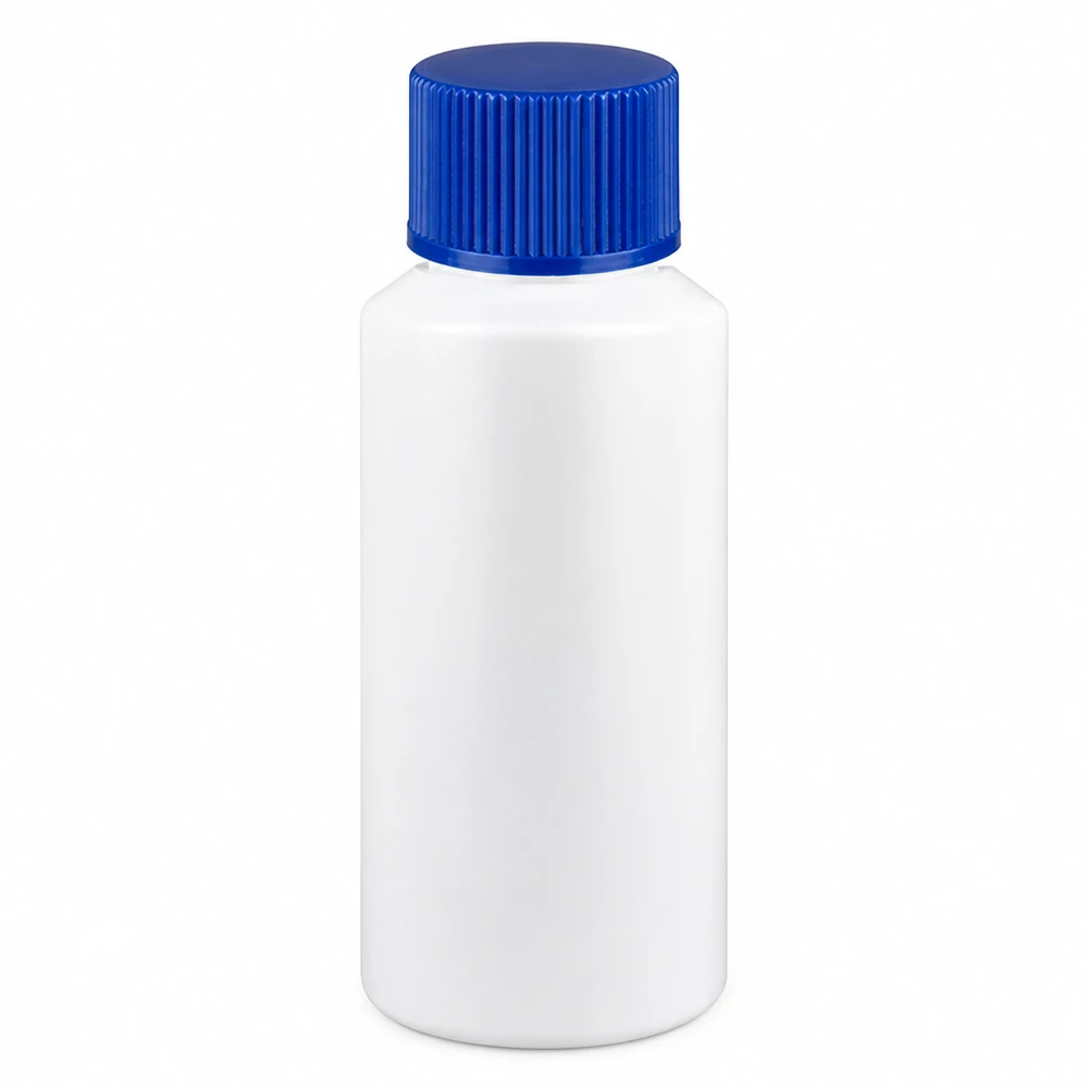 Compacte witte apotheekfles van 30 ml, gemaakt van HDPE, geschikt voor levensmiddelen, met blauwe dop