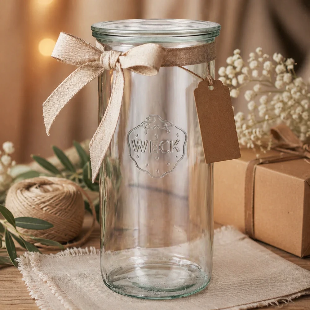 WECK 1500ml RR100 bekers als geschenk versierd met een beige lint en label op hout met geschenkverpakking