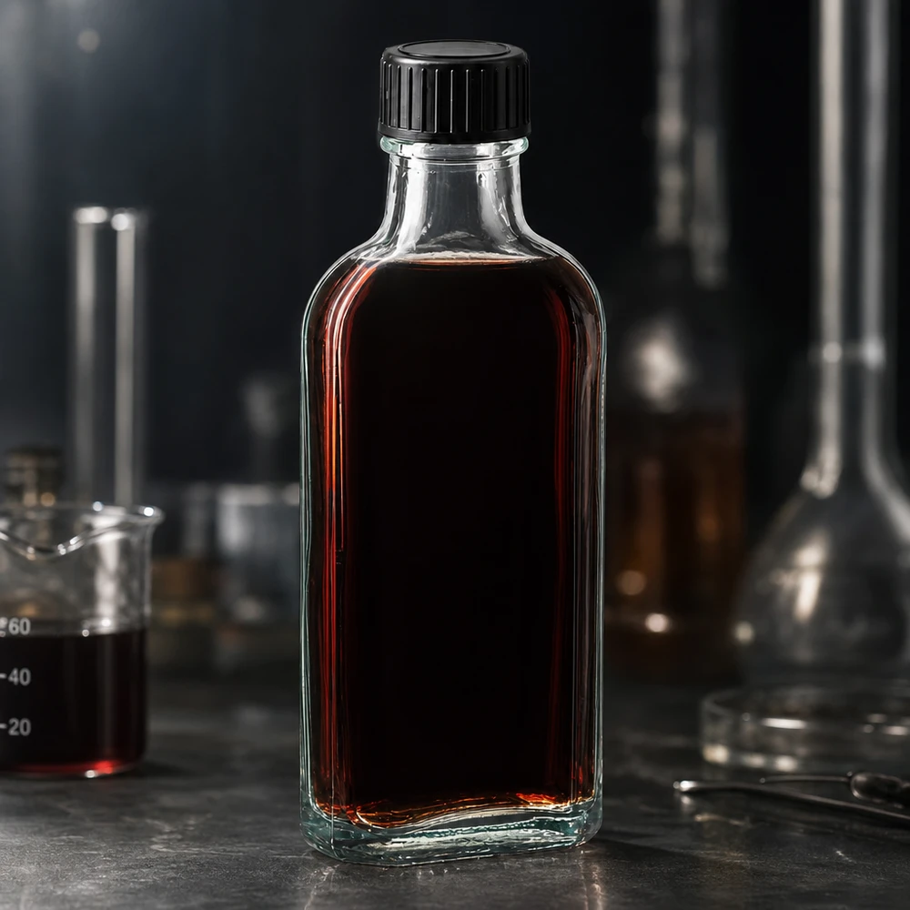 Doorzichtige Meplat-laboratoriumfles van 100 ml met donkerbruine inhoud op een grijs laboratoriumwerkblad