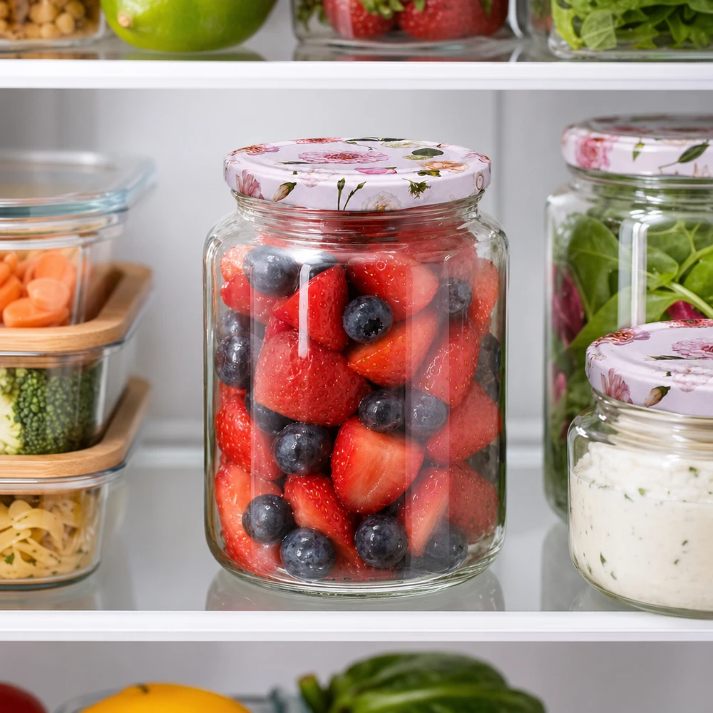 795ml ronde pot met aardbeien bosbessen in koelkast BasicSeal deksel roze bloemen fruit bewaren