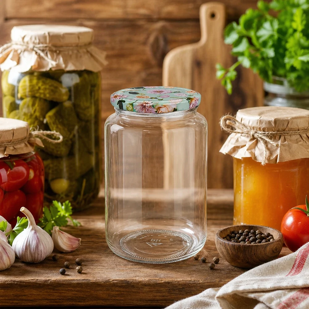 795 ml ronde pot met muntbloemdeksel in een rustieke keuken, omringd door inmaakpotten en verse kruiden