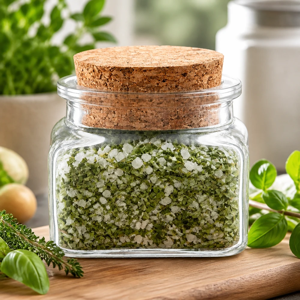 Idee voor een glazen kruidenpotje: Vierkant 120 ml helder inclusief kurk Quadratus-kruidenpotje van 120 ml, transparant, met brede kurken deksel op een houten plank in de keuken