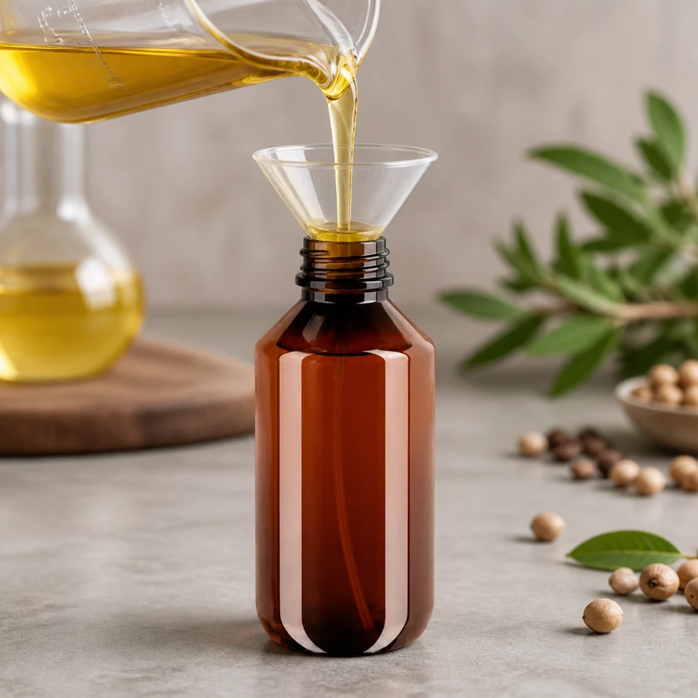 200 ml PET medicijnfles met verstuiver wit GCMI 28/410 incl. dop transparant, standaard 200ml PET Flasche mit Trichter befüllt umgeben von natürlichen Zutaten und Pflanzenöl