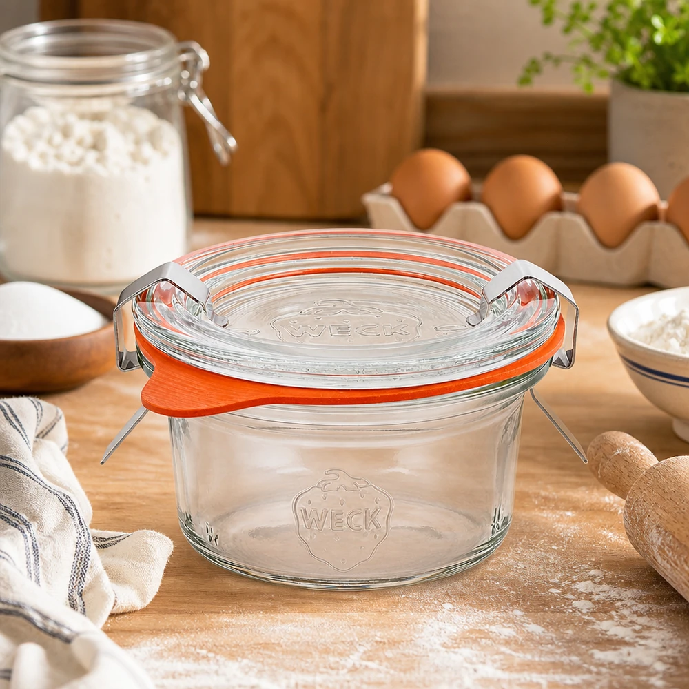 WECK 50ml bekers RR60 op houten werkblad in baksfeer met bloem, eieren en bakingrediënten als keukendecor