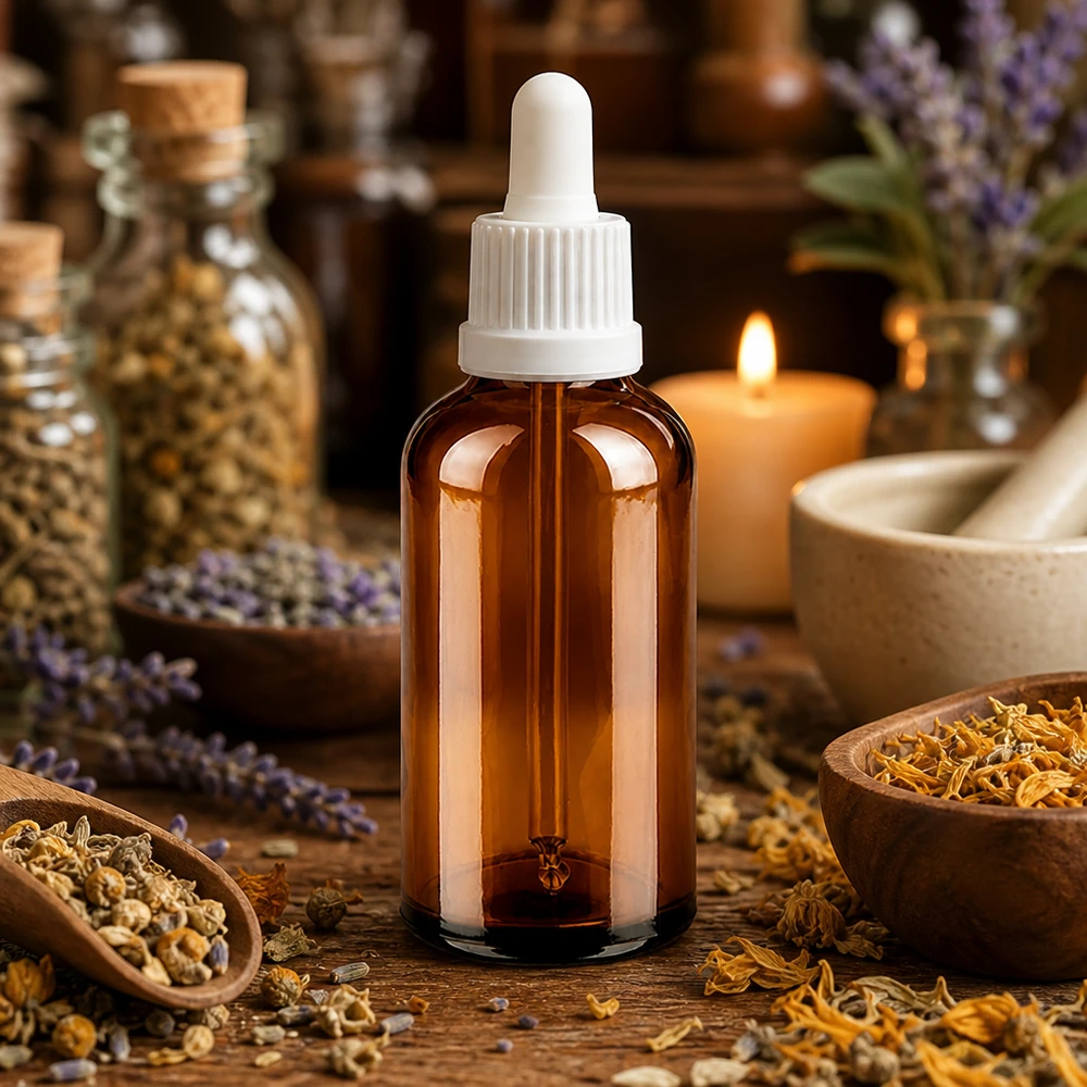 50 ml amberkleurige glazen pipetfles met UT18 schroefdraad en witte OV-dop voor veilig bewaren