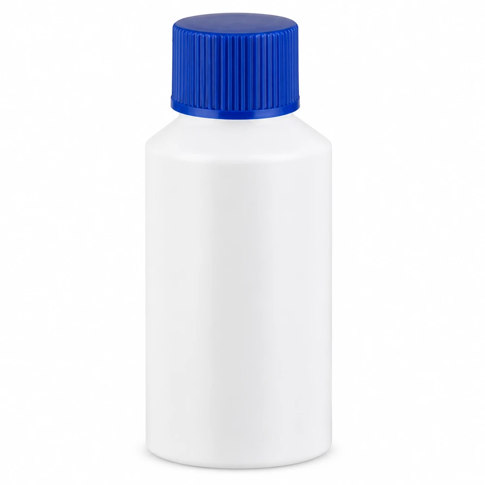 PET cilinderfles 50ml wit met schroefsluiting blauw Voedselveilige HDPE-fles van 50 ml, wit met blauwe dop, voor vloeistoffen
