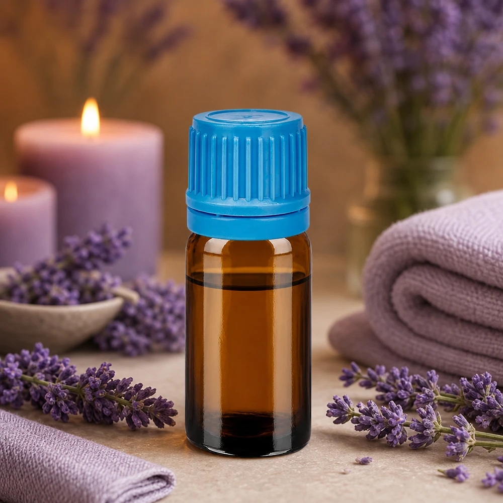 5ml flesje 11mm SV blauw OV BrownLine UT18/5 Hoogwaardige 5ml amberkleurige glazen fles met blauwe geribbelde dop voor aromatherapie en wellness