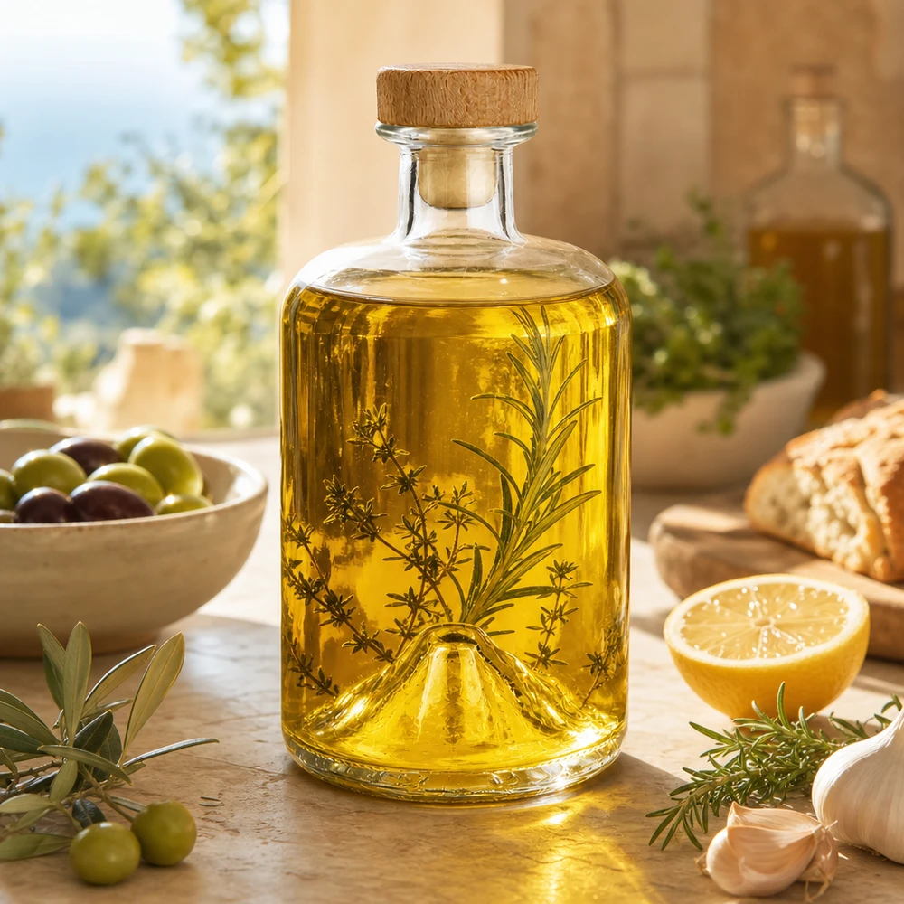 500 ml apothekersfles Sofia met houten handgreep en kurk UNiTWIST® 500ml Glasflasche Sofia mit Kräuteröl befüllt mediterranes Ambiente mit Oliven Brot und Zitrone Küchenszene