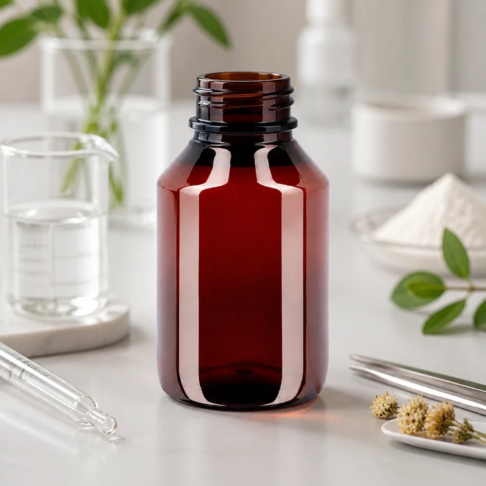 PET-fles 50ml met witte standaard OV PET-flesje van 50 ml in bruinglaslook met witte schroefdop voor voedingssupplementen