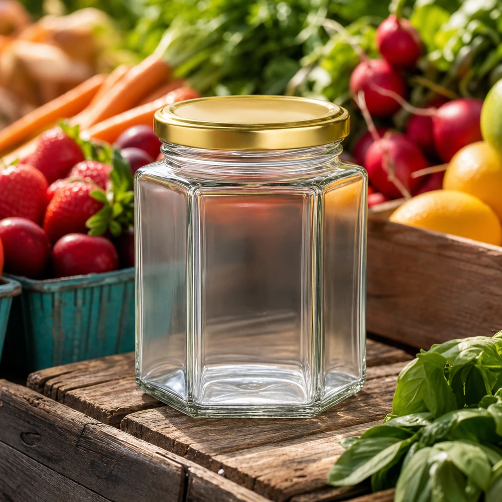 250g BasicSeal honingpot leeg met gouden deksel op een rustieke houten plank omringd door vers fruit en groenten