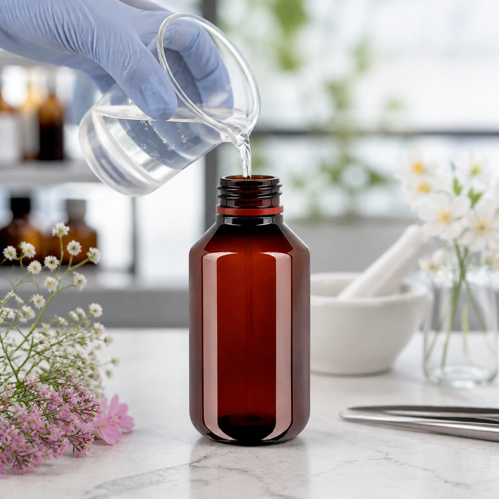 Bruine ronde farmaceutische fles van 100 ml, van PET, met kindveilige sluiting en beschermring
