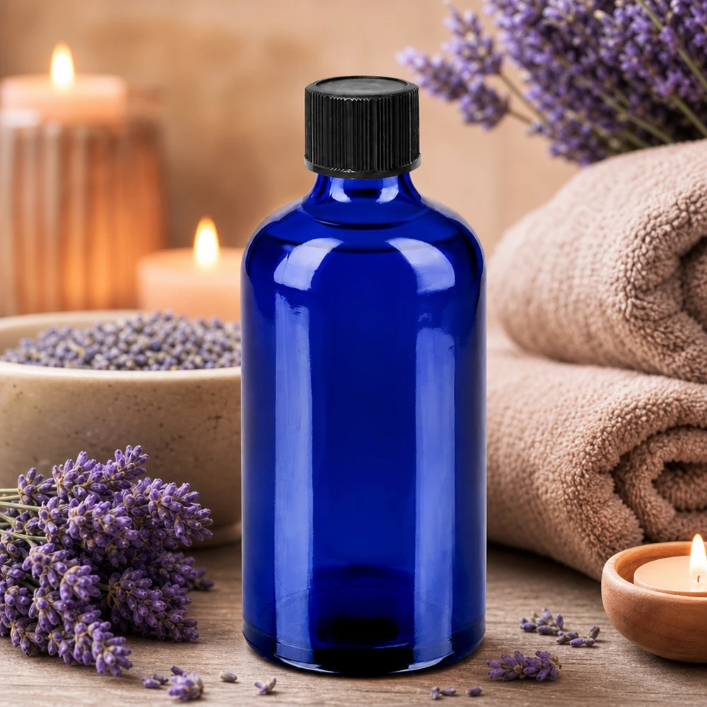 Apothekersfles 100ml in kobaltblauw met zwarte druppeldop voor aromatherapie en wellness
